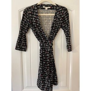 DVF Black Love is Life Wrap Dress 0